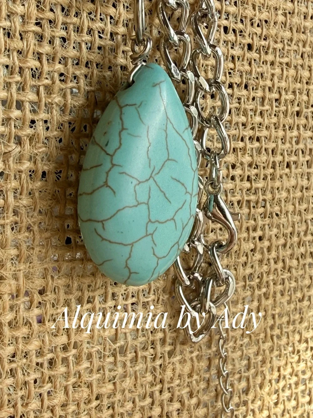Chunky Turquoise Crackle Teardrop Necklace with Silver Chain